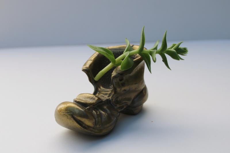 photo of heavy cast metal paperweight / pipe holder, old work boot shoe w/ antique brass finish #5