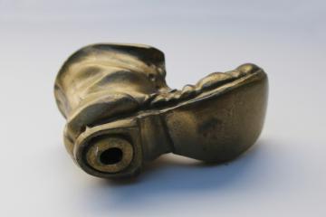 catalog photo of heavy cast metal paperweight / pipe holder, old work boot shoe w/ antique brass finish