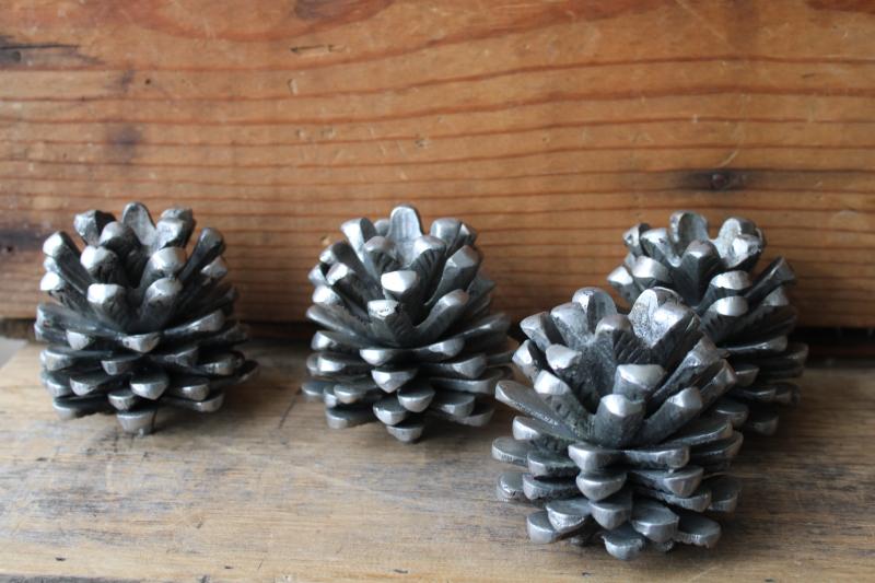 photo of heavy cast metal pinecones, pine cone candle holders silver tone pewter look aluminum #1