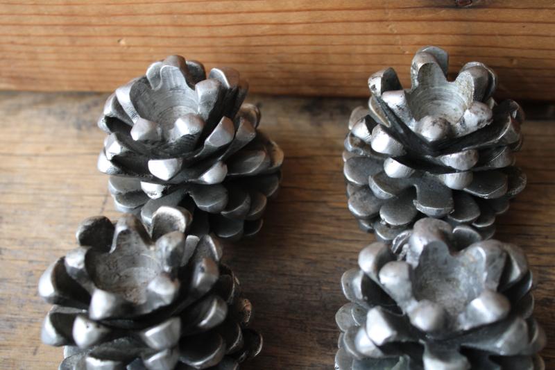 photo of heavy cast metal pinecones, pine cone candle holders silver tone pewter look aluminum #3