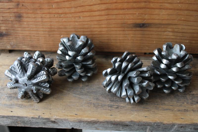 photo of heavy cast metal pinecones, pine cone candle holders silver tone pewter look aluminum #4