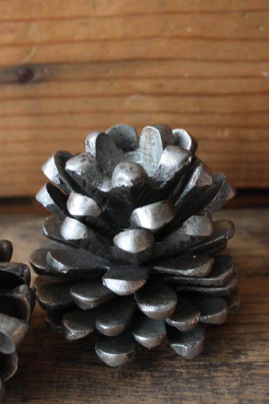 photo of heavy cast metal pinecones, pine cone candle holders silver tone pewter look aluminum #5