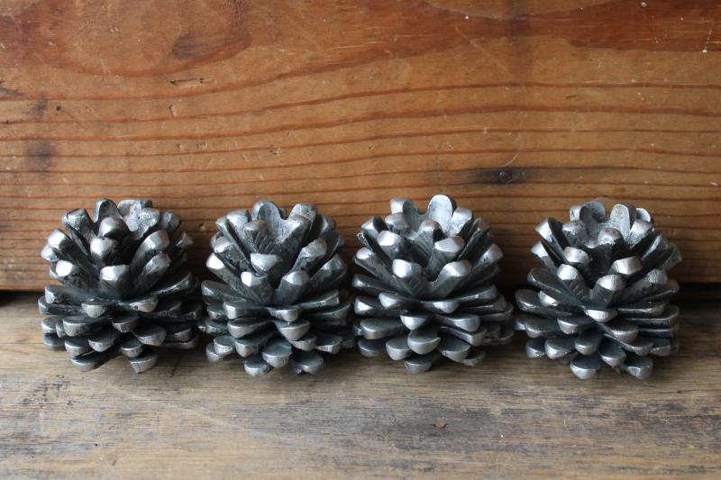 photo of heavy cast metal pinecones, pine cone candle holders silver tone pewter look aluminum #6