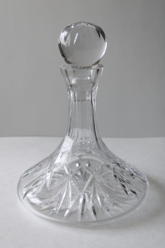 photo of heavy clear crystal ships decanter, glass stopper & bottle w/ wide base #1
