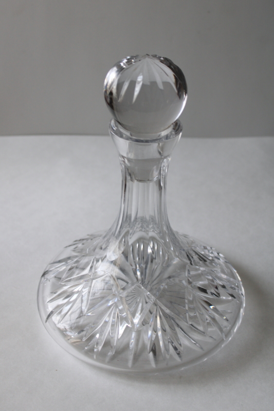 photo of heavy clear crystal ships decanter, glass stopper & bottle w/ wide base  #2