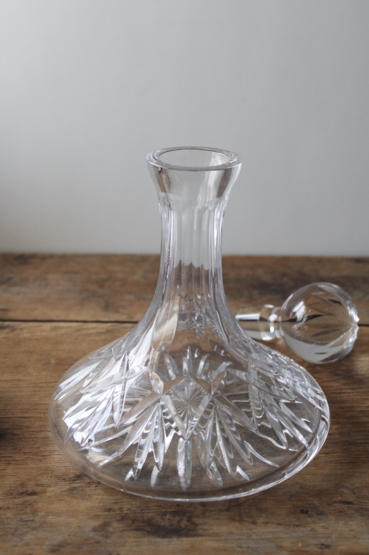 photo of heavy clear crystal ships decanter, glass stopper & bottle w/ wide base  #7