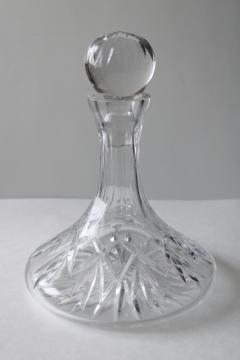 catalog photo of heavy clear crystal ships decanter, glass stopper & bottle w/ wide base 