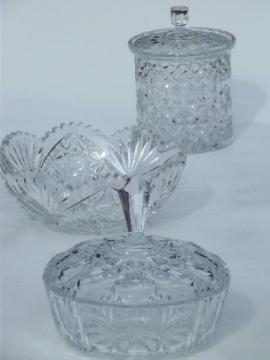 catalog photo of heavy crystal candy dish, canister jar & bowl, vintage glassware lot 