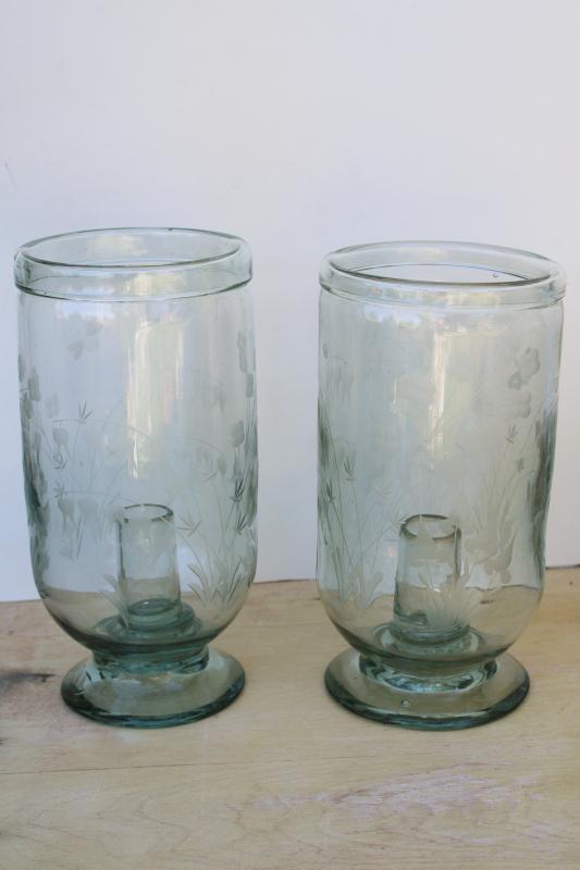 photo of heavy hand blown glass hurricane candle holders, sea green recycled glass w/ etched flowers #1