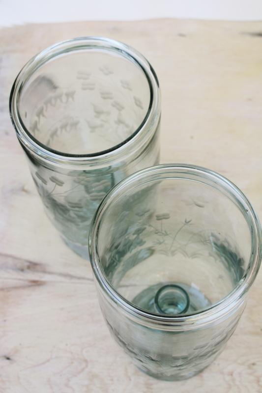 photo of heavy hand blown glass hurricane candle holders, sea green recycled glass w/ etched flowers #2