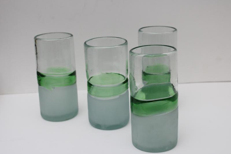 photo of heavy hand blown glass tumblers, vintage drinking glasses frosted clear w/ sea green #1