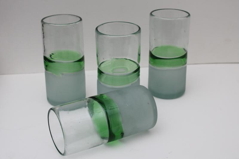 photo of heavy hand blown glass tumblers, vintage drinking glasses frosted clear w/ sea green #2