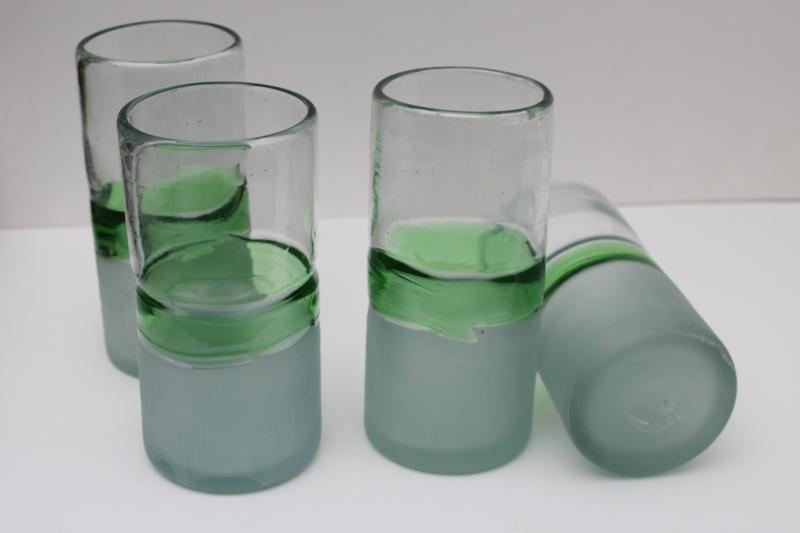 photo of heavy hand blown glass tumblers, vintage drinking glasses frosted clear w/ sea green #3