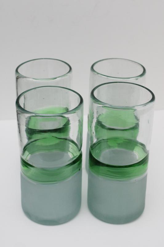 photo of heavy hand blown glass tumblers, vintage drinking glasses frosted clear w/ sea green #4