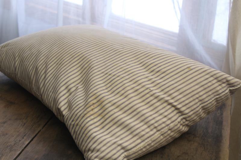 photo of heavy old chicken feather pillow, vintage indigo blue striped cotton ticking fabric cover #6