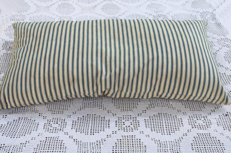 photo of heavy old chicken feather pillow, vintage indigo blue striped cotton ticking fabric cover #1