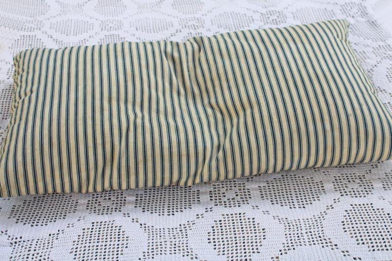 photo of heavy old chicken feather pillow, vintage indigo blue striped cotton ticking fabric cover #2