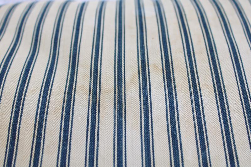 photo of heavy old chicken feather pillow, vintage indigo blue striped cotton ticking fabric cover #3