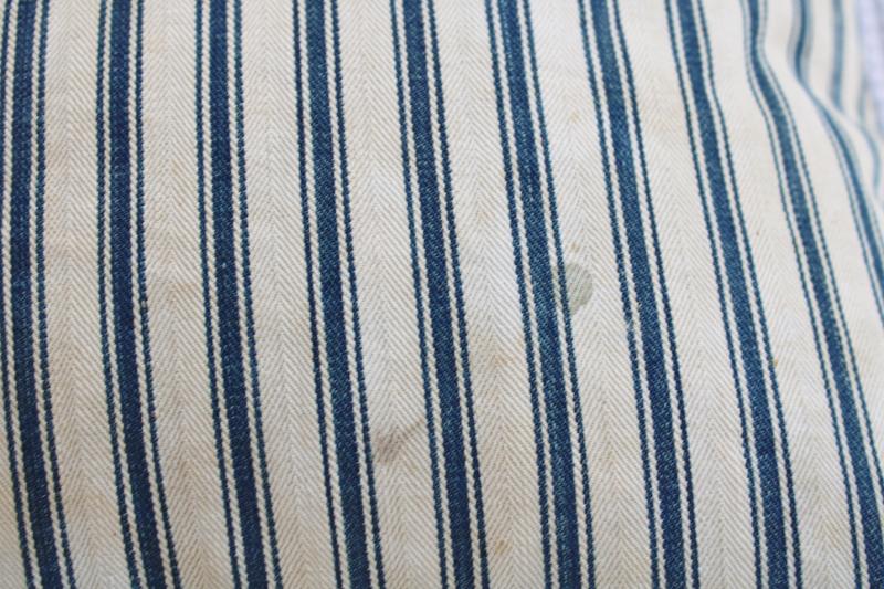 photo of heavy old chicken feather pillow, vintage indigo blue striped cotton ticking fabric cover #4