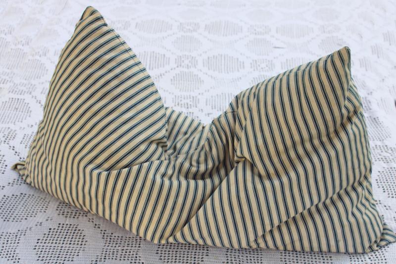 photo of heavy old chicken feather pillow, vintage indigo blue striped cotton ticking fabric cover #5