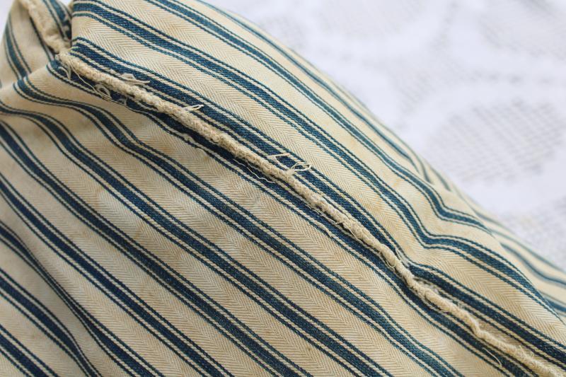 photo of heavy old chicken feather pillow, vintage indigo blue striped cotton ticking fabric cover #6