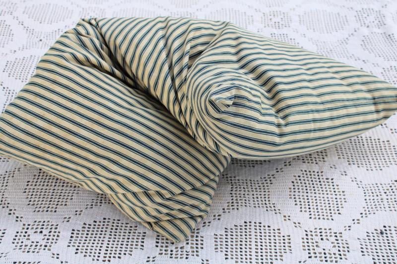 photo of heavy old chicken feather pillow, vintage indigo blue striped cotton ticking fabric cover #7