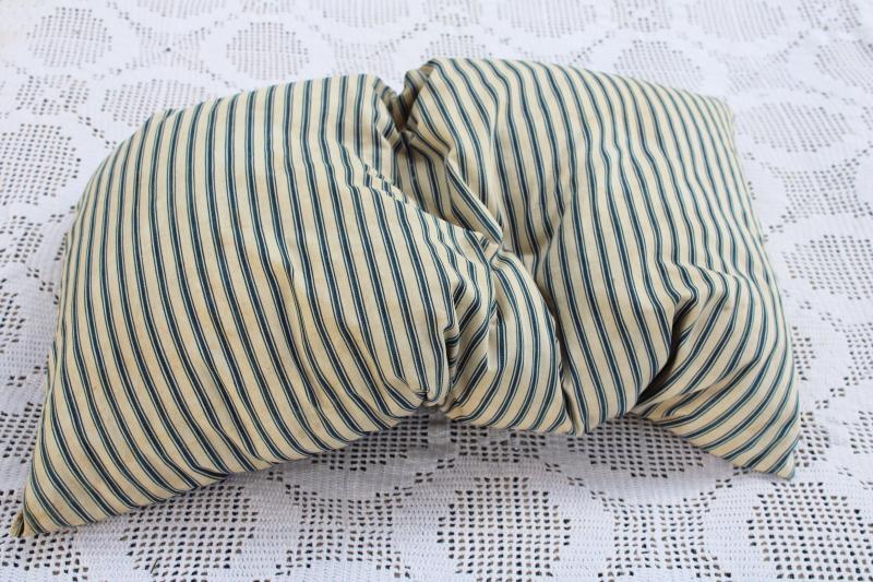 photo of heavy old chicken feather pillow, vintage indigo blue striped cotton ticking fabric cover #8