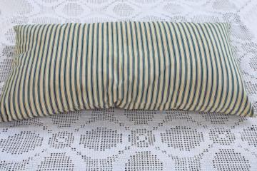 catalog photo of heavy old chicken feather pillow, vintage indigo blue striped cotton ticking fabric cover