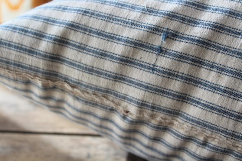 photo of heavy old chicken feather pillow, vintage indigo blue striped cotton ticking fabric cover #4