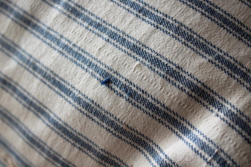 photo of heavy old chicken feather pillow, vintage indigo blue striped cotton ticking fabric cover #5