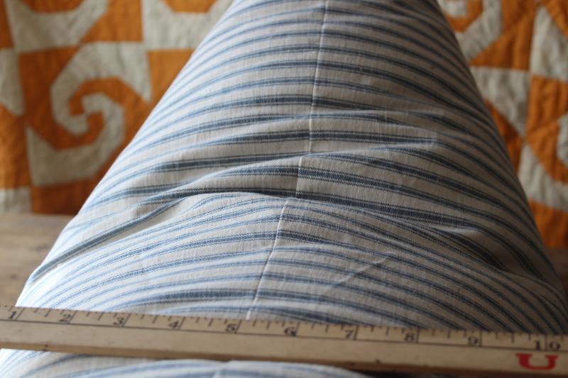 photo of heavy old chicken feather pillow, vintage indigo blue striped cotton ticking fabric cover #6