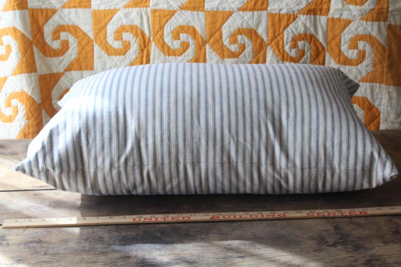 photo of heavy old chicken feather pillow, vintage indigo blue striped cotton ticking fabric cover #7