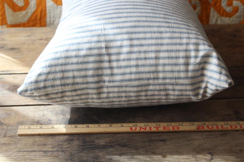 photo of heavy old chicken feather pillow, vintage indigo blue striped cotton ticking fabric cover #8