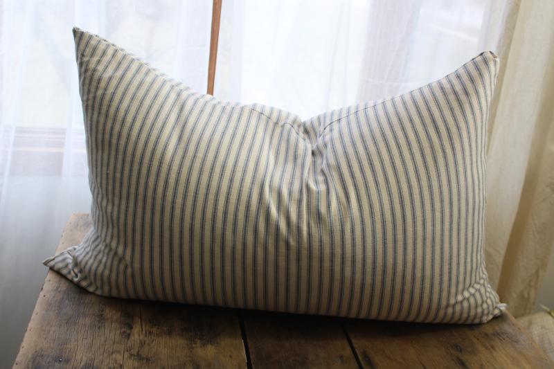 photo of heavy old chicken feather pillow, vintage indigo blue striped cotton ticking fabric cover #1