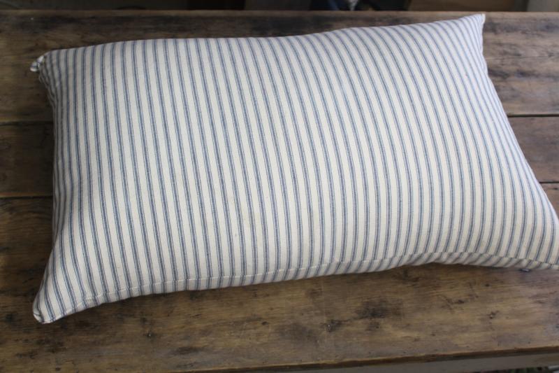 photo of heavy old chicken feather pillow, vintage indigo blue striped cotton ticking fabric cover #2