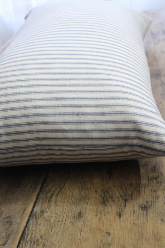 photo of heavy old chicken feather pillow, vintage indigo blue striped cotton ticking fabric cover #3