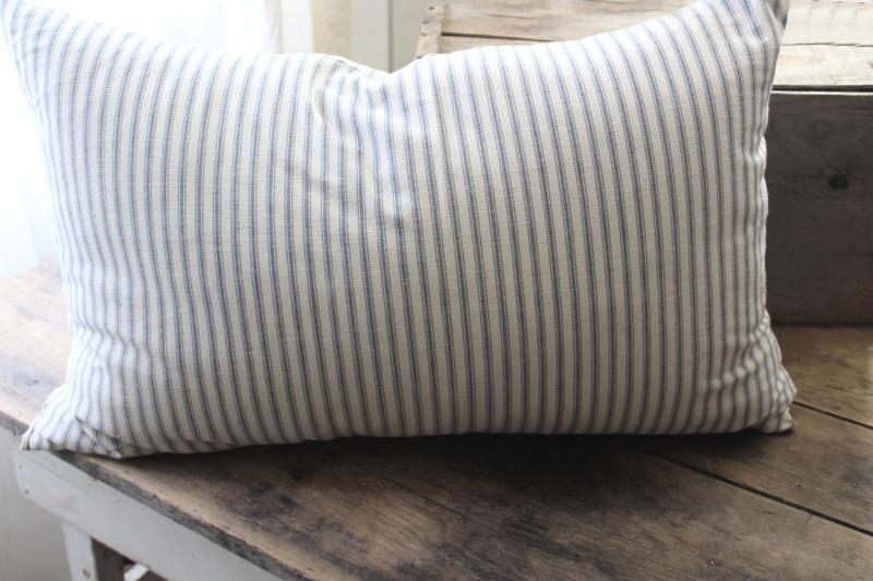 photo of heavy old chicken feather pillow, vintage indigo blue striped cotton ticking fabric cover #4