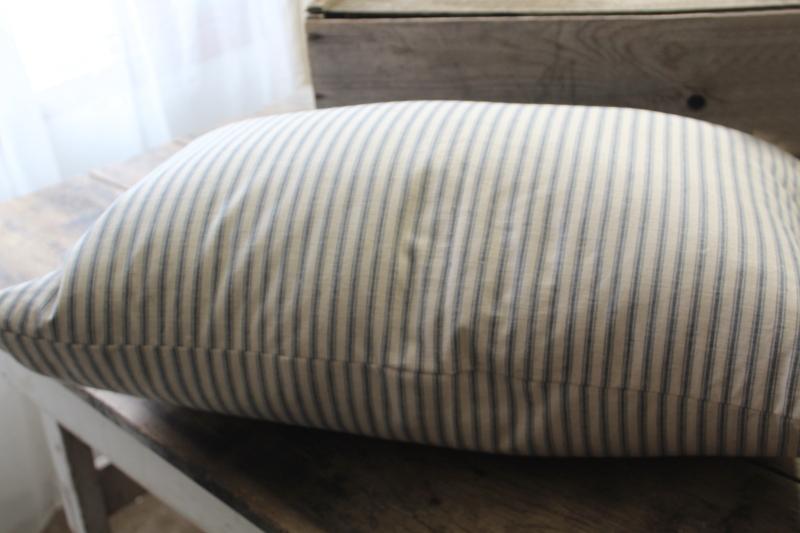 photo of heavy old chicken feather pillow, vintage indigo blue striped cotton ticking fabric cover #5