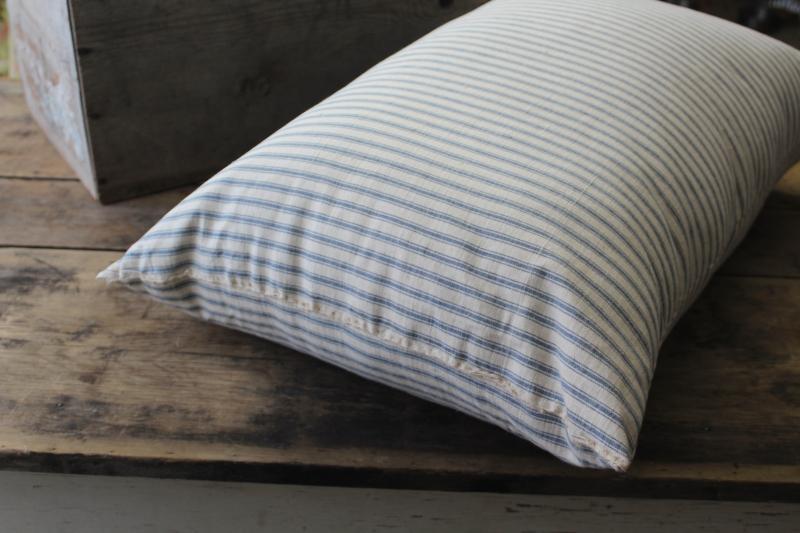 photo of heavy old chicken feather pillow, vintage indigo blue striped cotton ticking fabric cover #6