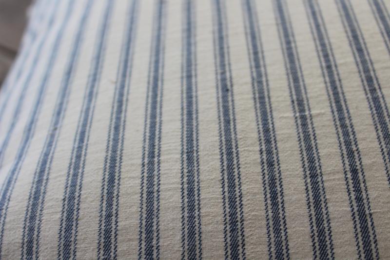 photo of heavy old chicken feather pillow, vintage indigo blue striped cotton ticking fabric cover #7