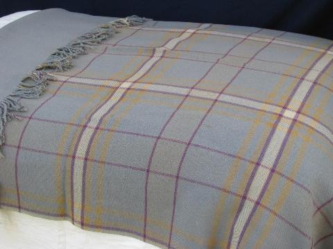 photo of heavy old double-sided wool blanket, vintage fringed camp plaid throw #1