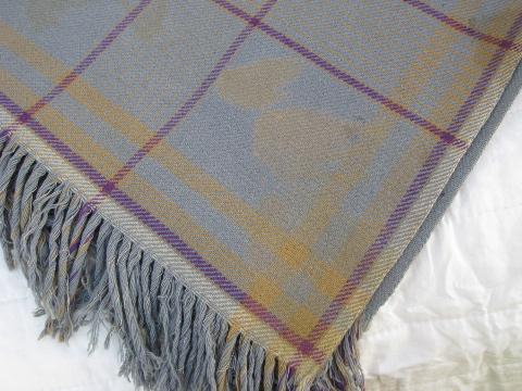 photo of heavy old double-sided wool blanket, vintage fringed camp plaid throw #6