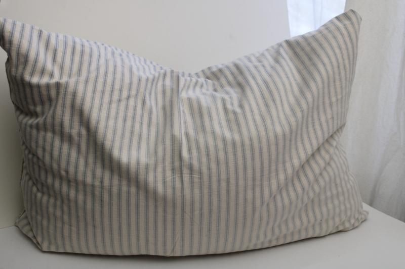 photo of heavy old feather pillow, vintage indigo blue striped cotton ticking fabric #1