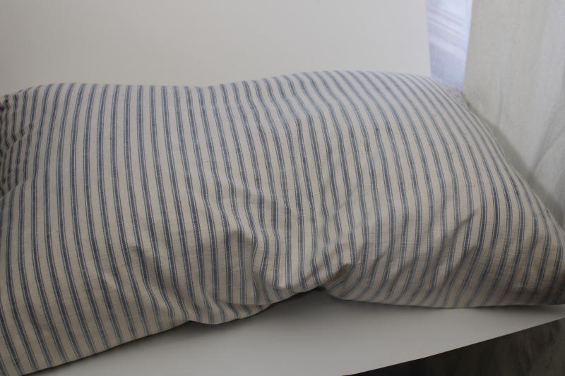 photo of heavy old feather pillow, vintage indigo blue striped cotton ticking fabric #4