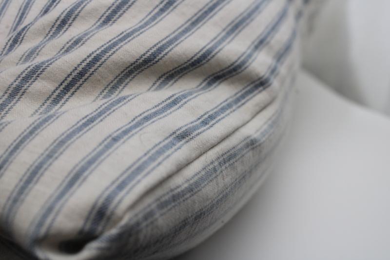 photo of heavy old feather pillow, vintage indigo blue striped cotton ticking fabric #6