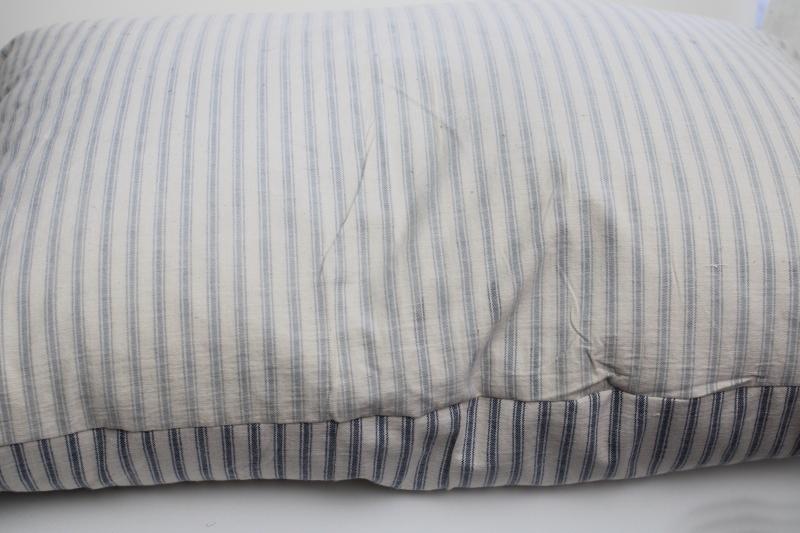 photo of heavy old feather pillow, vintage indigo blue striped cotton ticking fabric #8