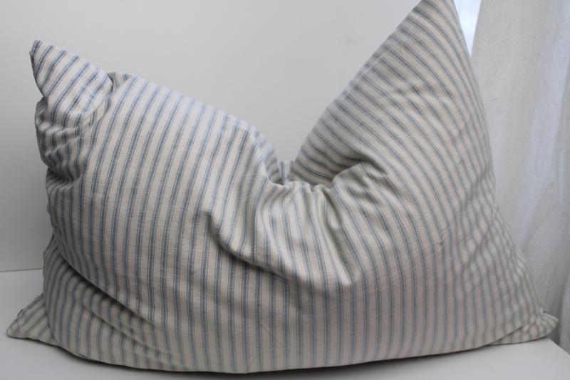 photo of heavy old feather pillow, vintage indigo blue striped cotton ticking fabric #10