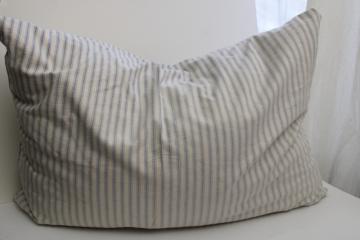 catalog photo of heavy old feather pillow, vintage indigo blue striped cotton ticking fabric