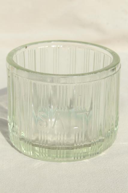 photo of heavy old glass Salt pig, large ribbed glass hoosier jar embossed lettering #1