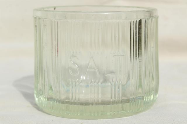 photo of heavy old glass Salt pig, large ribbed glass hoosier jar embossed lettering #2